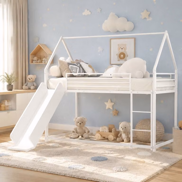 MODENUIT Hoogslaper met glijbaan en trap – Wit metalen kinderbed met huisvormig bedframe – 90 x 190 cm