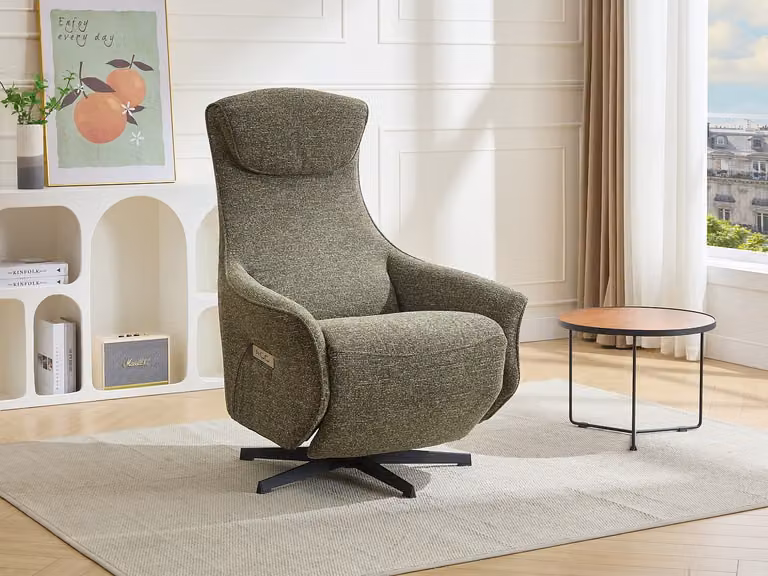 Elektrische relaxfauteuil TASEMO in groene getextureerde stof met metalen frame