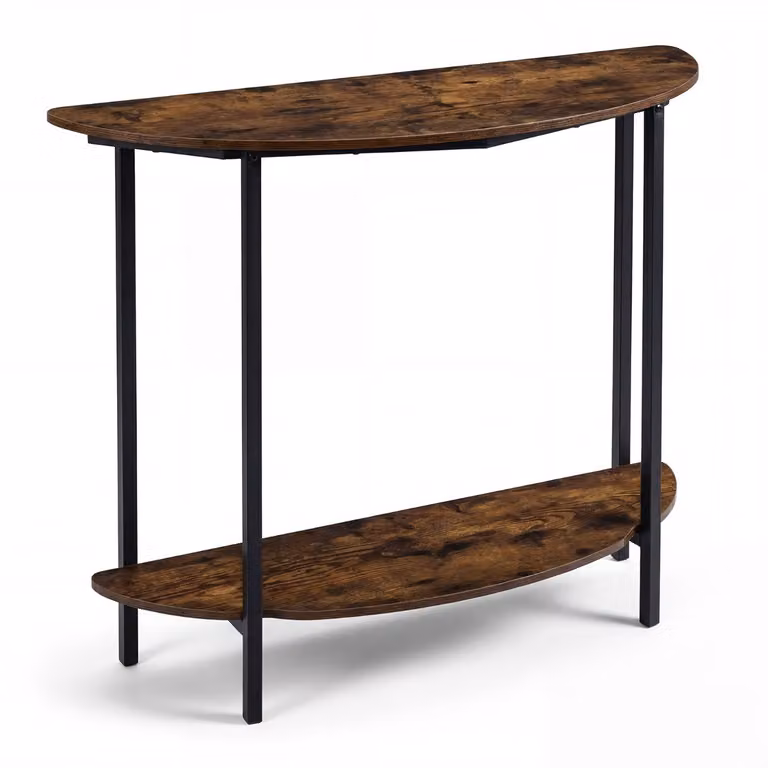 Costway Consoletafel Halfronde Bijzettafel met 2 Open Legplanken, Rustiek Bruin, B: 100 cm, D: 29,5 cm, H: 80 cm