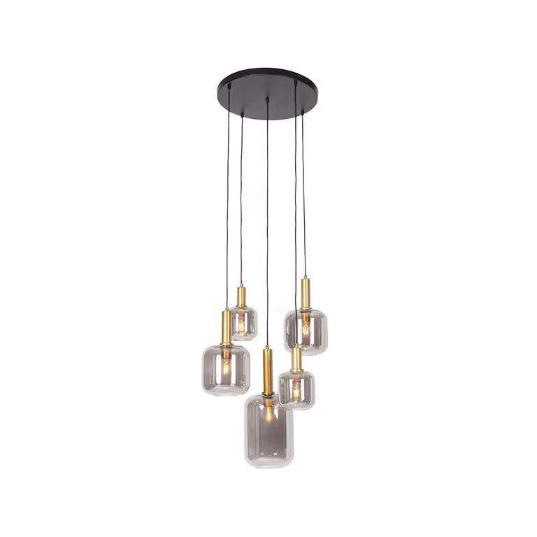 Qazqa Hanglamp Zuzanna - 5-lichts - Zwart en Goud met Grijs Glas