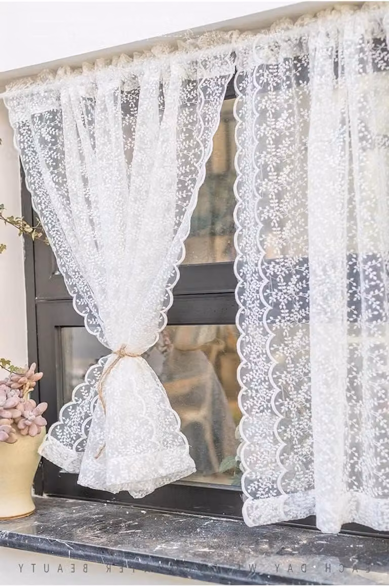 Wit Kanten Keukengordijn in Landelijke Stijl voor Woonkamer en Keuken - B: 130 cm, H: 80 cm