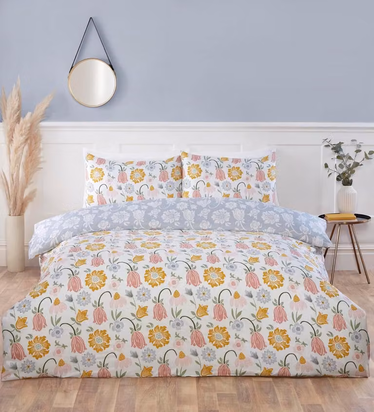 Omkeerbare hoeslakenset voor eenpersoonsbed met effen en bloemig design