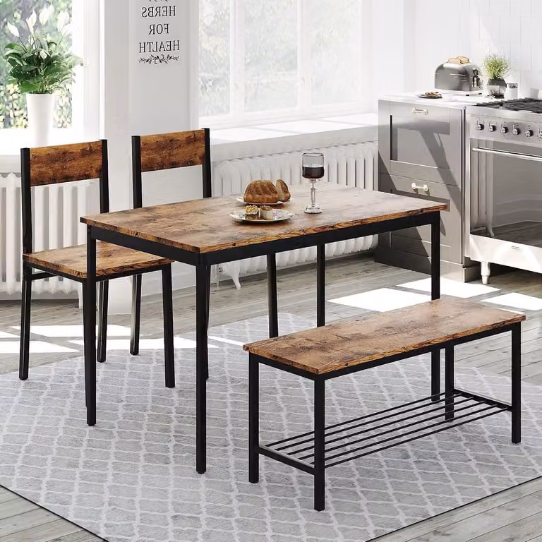 4-delige Eettafel Set in Rustiek Industrieel Design met Tafel, Bank en Stoelen - Bruin