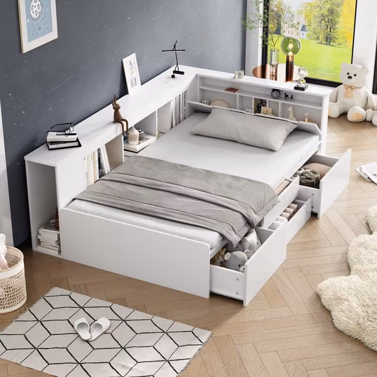 Merax Multifunctionele Wieg met Lades en Opbergkast voor Kinderkamers, Wit, B/D/H: 90 x 200 cm