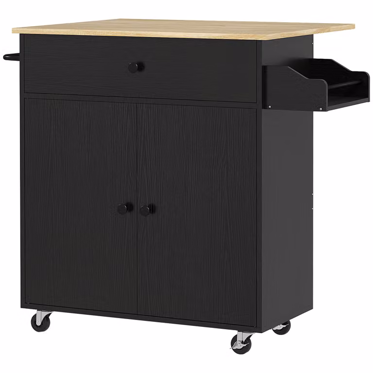 HOMCOM Keukenwagen met lade, kastvak en handdoekhouder, Zwart/Eik, B: 106 cm, D: 42 cm, H: 87 cm