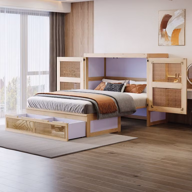 MODFU Murphy bed met opbergladen en rattan design, hout, naturel, B/D/H: 140 x 200 cm