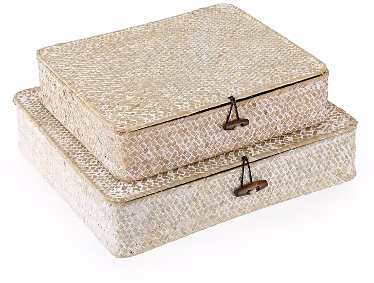 Famanu Set van 2 Rieten Opbergmanden met Deksel, Handgemaakt Zeegras met Textiel, Natuurlijk