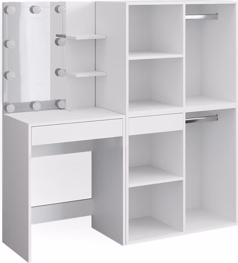 Vicco Isabelle Kaptafel Wit met Spiegel, LED-lichtslinger en 2 Aanbouwkasten, Breedte: 140 cm