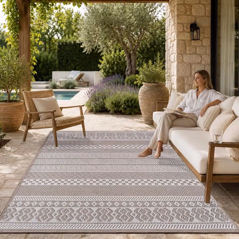 Home In- & Outdoor Vloerkleed met Modern Boho Ethno Patroon, Beige, 150 x 150 cm