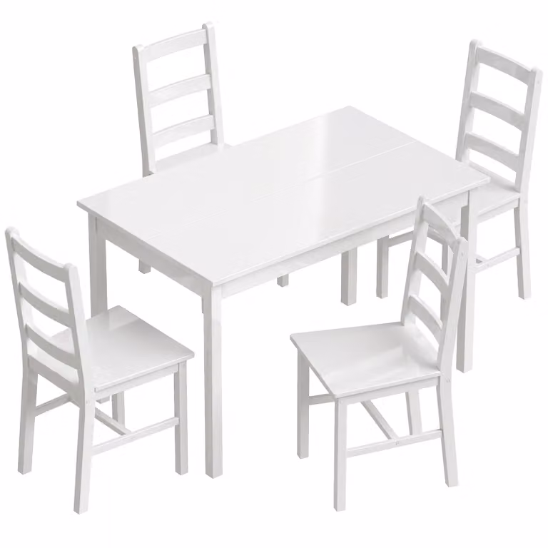 HOMCOM 5-delige eethoek voor 4 personen met rechthoekige eettafel en stoelen van massief hout, wit