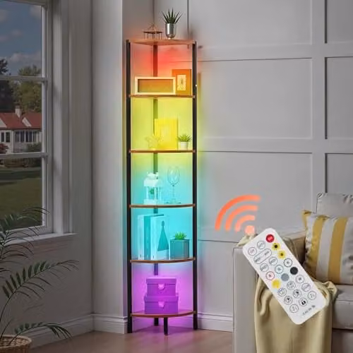 VEVOR Hoekplank met 6 niveaus en meerkleurige LED-verlichting, Moderne Displaykast voor Slaapkamer of Woonkamer, Hoogte: 172,7 cm