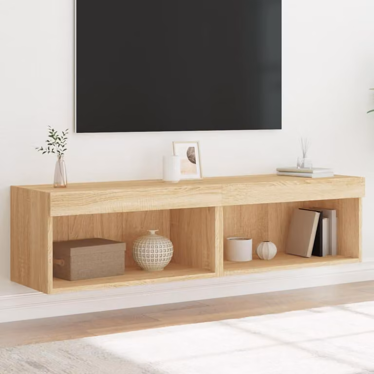 DKD HOME DECOR Set van 2 TV-meubels met LED-verlichting in Sonoma-eikenhout, B: 60 cm, D: 30 cm, H: 30 cm