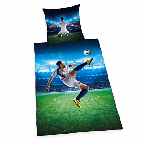 Herding Young Collection beddengoedset Voetbal, blauw/multicolor, katoen/renforcé, Dekbedovertrek 135 x 200 cm, Kussensloop 80 x 80 cm