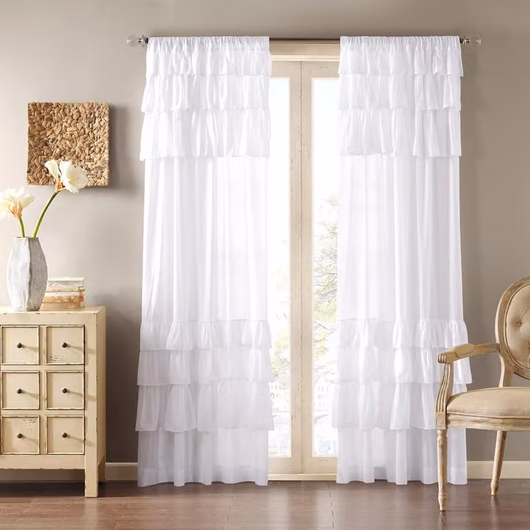 Witte transparante vitrage gordijnen met ruches in landelijke stijl voor woonkamer en slaapkamer - 1 paneel - Breedte: 127 cm, Hoogte: 160 cm