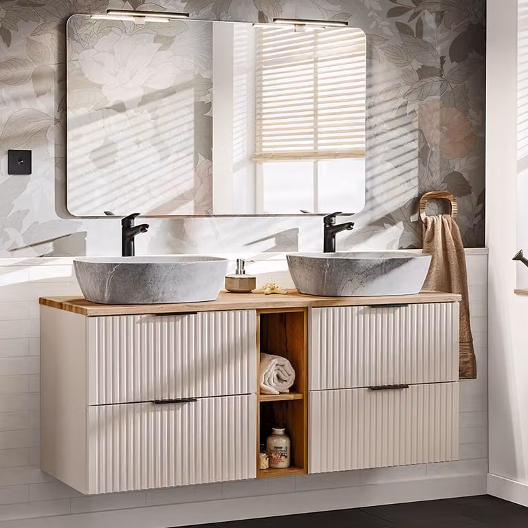 Lomadox Adelaide 2-delige wastafelset met wastafel, kasjmier en eiken, Breedte: 140 cm