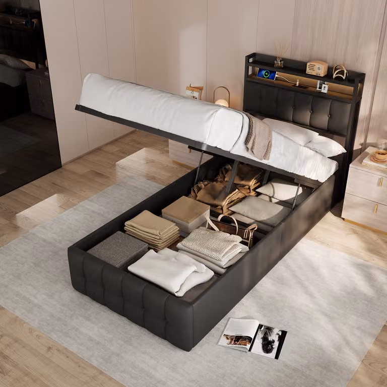 Zwart eenpersoonsbed met opbergruimte, LED-verlichting en USB-C oplaadpunt, 90x200 cm
