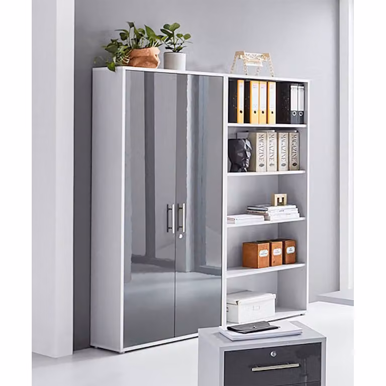 home24 Dossierkast II met deuren en open schappen, grijs en antraciet hoogglans, B: 186 cm, H: 169 cm, D: 33 cm