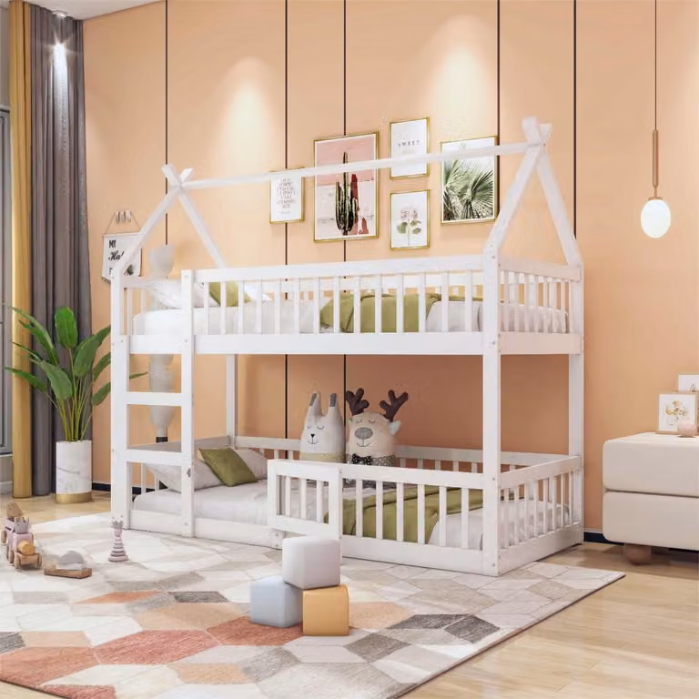 Sweiko Kinderstapelbed met trap en loft ontwerp, massief houten familiebed, Wit, B/D/H: 90 x 200 cm