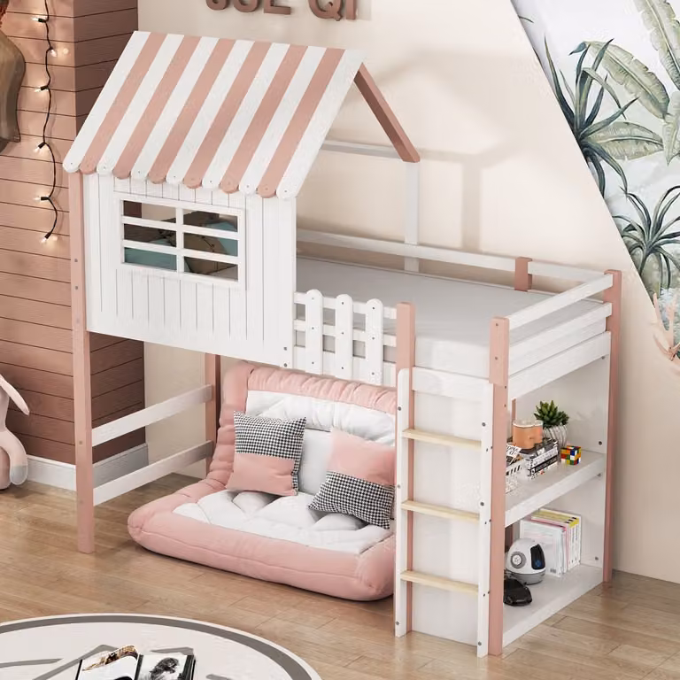 OKWISH Kinderbed in huisvorm met veiligheidshek, trap en opbergruimte - Massief hout - Roze - 90 x 200 cm