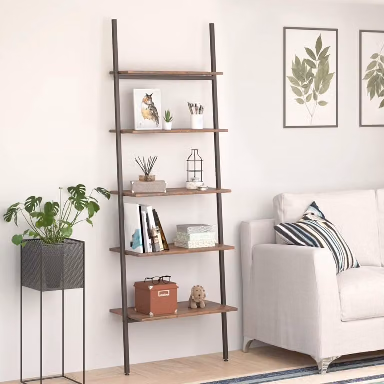 Ladderrek met planken en stalen frame - Plantenstandaard - Donkerbruin zwart - B/D/H: 64 x 34 x 185,5 cm