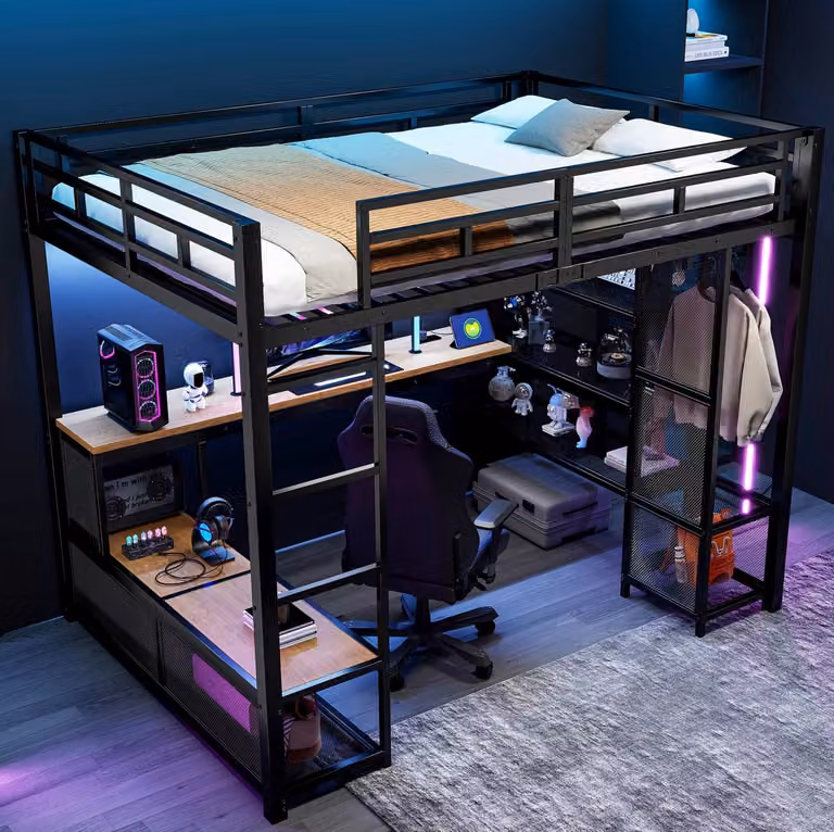 Wishdor Hoogslaper met bureau, open kledingkast en LED-verlichting, Zwart, B/D: 140 x 200 cm