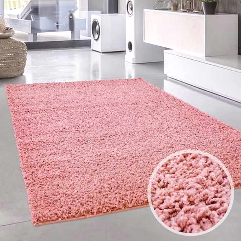 Rond Hoogpolig Shaggy Vloerkleed Pastel Roze voor Woonkamer, Hal of Slaapkamer - 160 x 160 cm