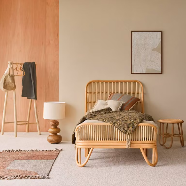 Tikamoon Rotan bed met lattenbodem, Beige, B/D/H: 90 x 200 x 101 cm