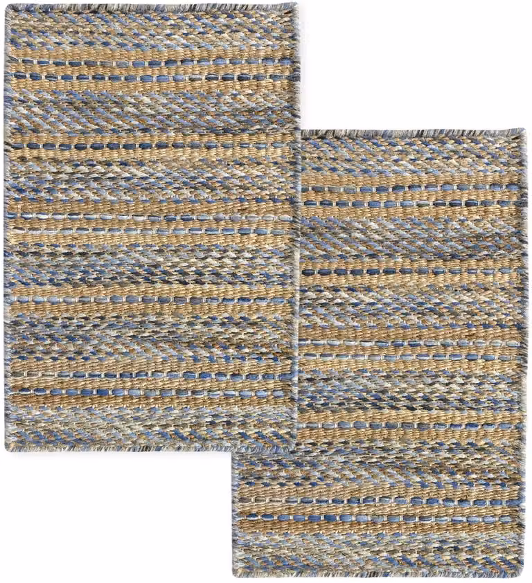 SnelShoppen Set van 2 handgeweven wollen en jute tapijten, blauw geaderd, 40 x 60 cm