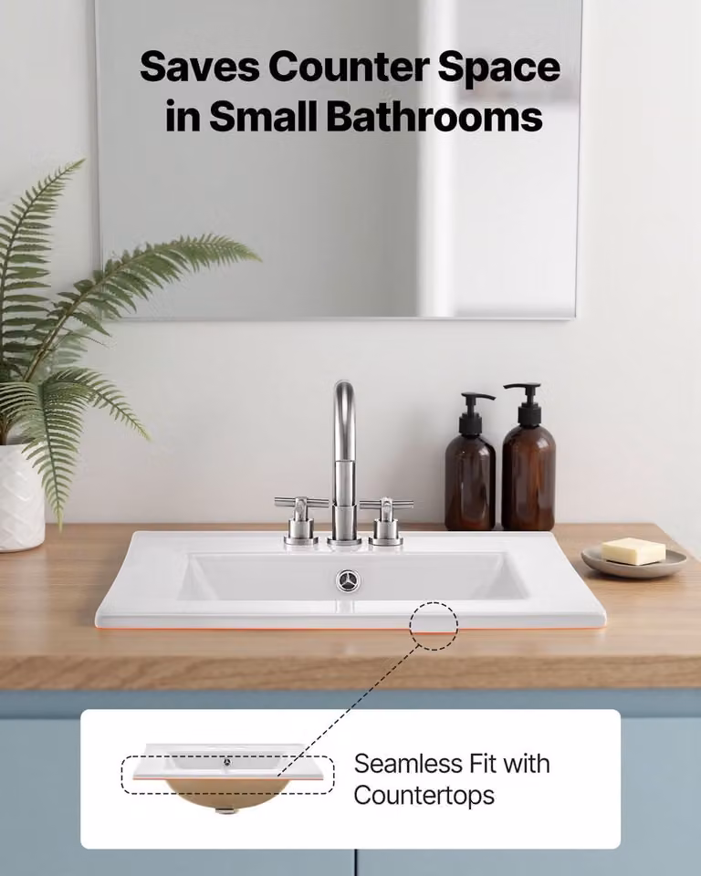 Witte rechthoekige handwastafel voor kleine badkamers of toiletten, semi-inbouw of opzet, met overloop en 3 kraangaten, Breedte: 51 cm, Diepte: 46,5 cm