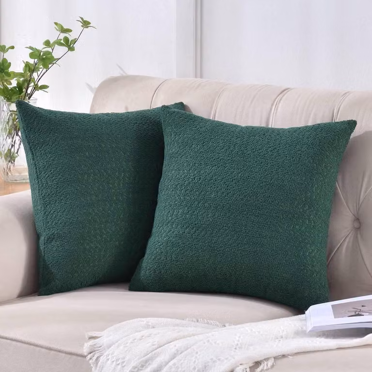 Set van 2 decoratieve kussenhoezen met zachte boucle textuur voor bank en woonkamer, Smaragdgroen, 40 x 40 cm