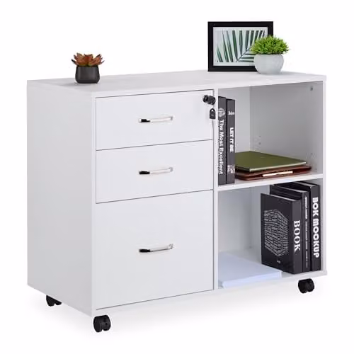 Relaxdays ladeblok op wielen met slot, wit, H x B x D: 66 x 80 x 40 cm