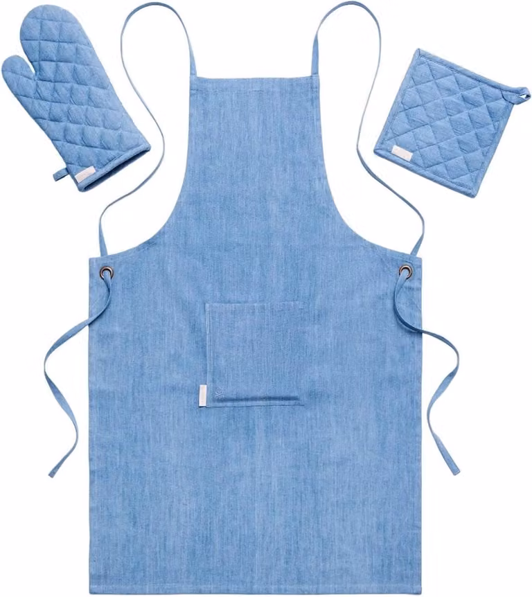 Set van 3 blauwe keukenschorten met waslap en geborduurd logo voor volwassenen