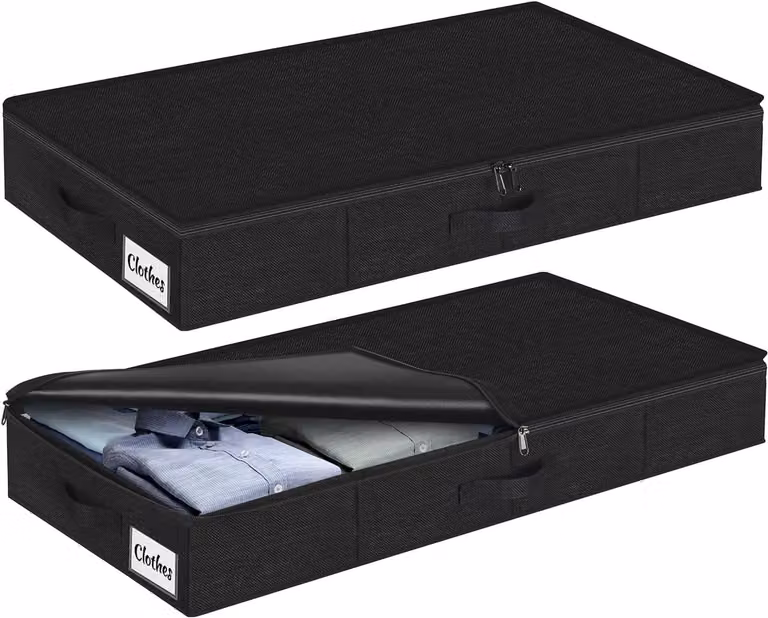 Set van 2 vouwbare opbergbakken voor onder het bed met deksel en handvatten, Hoogte: 12 cm