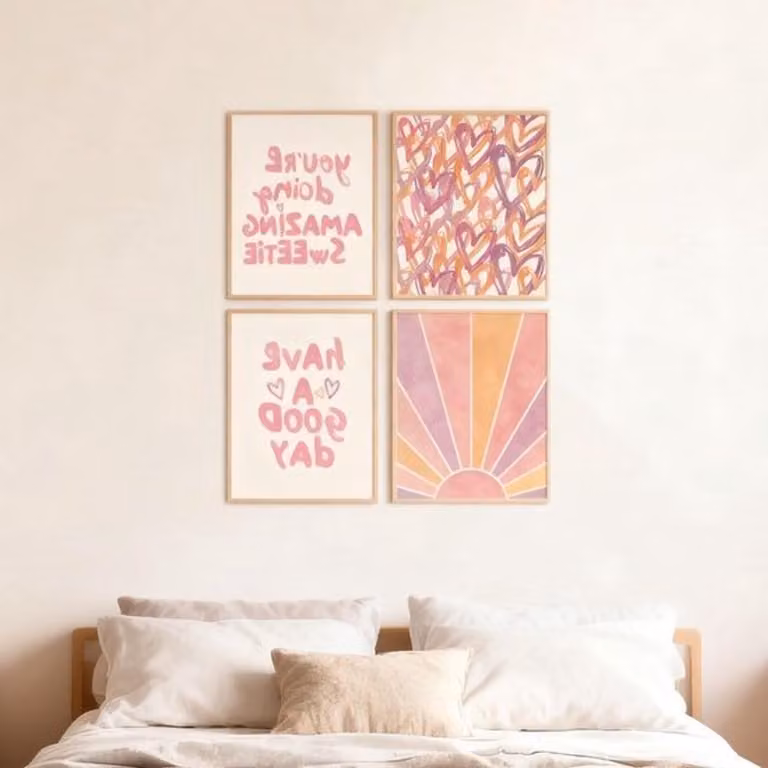 Set van 4 Roze Muurdecoraties met Pastel Motieven, Kunstafdrukken voor Woonkamer en Slaapkamer, 30 x 40 cm