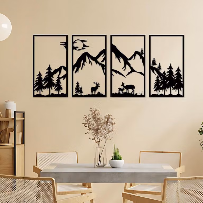 Set van 4 metalen wanddecoraties met bergen en bossen voor moderne woonkamer, slaapkamer of badkamer
