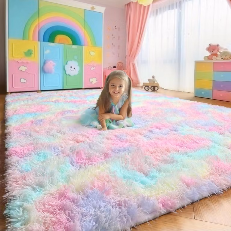 Pluizig Vloerkleed Pastel Regenboog met Antislip Achterkant voor Kinderkamer of Slaapkamer - B/D: 244 x 152 cm