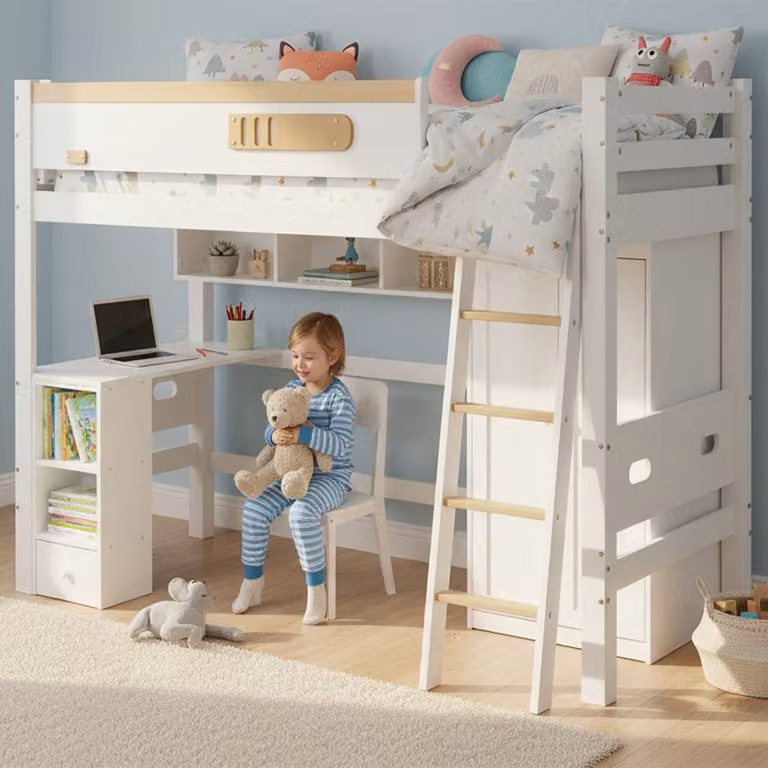 Stapelbed voor kinderen met opbergruimte en kleerkast in wit/naturel, 90 x 200 cm
