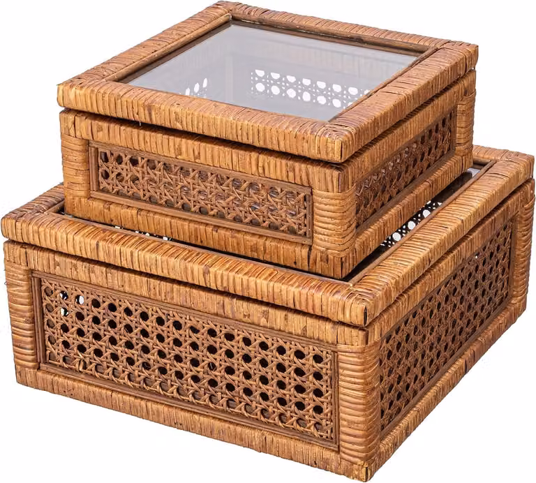 Decoratieve Opbergdozen Rattan Hout Set van Twee Donkerbruin