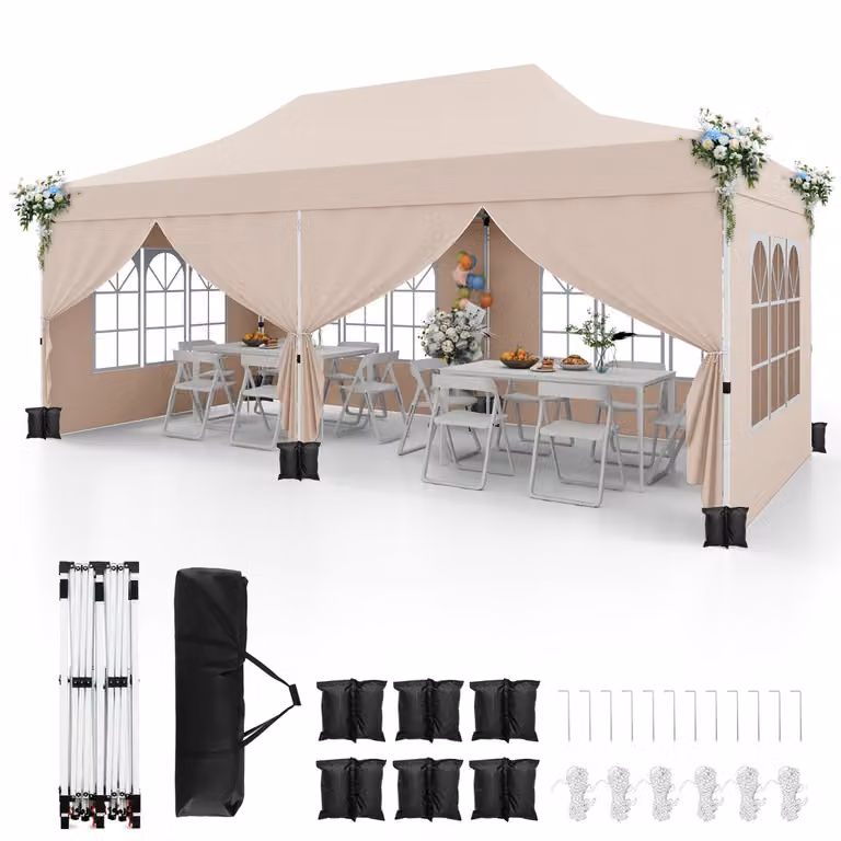Costway Partytent met 6 Afneembare Zijwanden en Draagtas, Beige, 300 x 600 cm