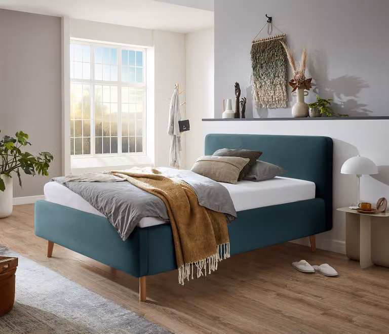 home24 Norana Gestoffeerd bed blauw met eikenhout B/D: 140 x 200 cm