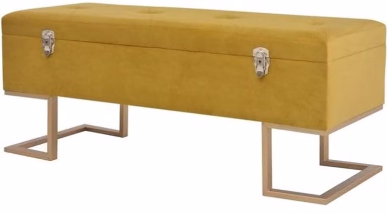 Mosterdgele fluwelen opbergbank met ijzeren poten, B/D/H: 105 x 40 x 44 cm