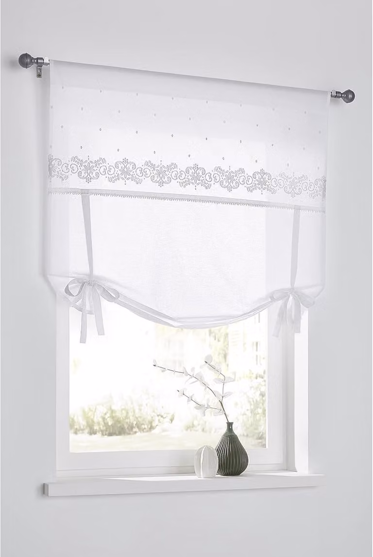 Lichtdoorlatend vouwgordijn Jolie met lussens en romantisch borduurwerk in landelijke stijl, Breedte: 100 cm, Hoogte: 100 cm