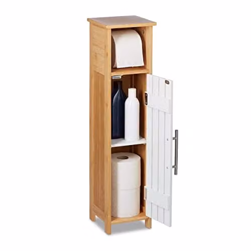 Relaxdays staande wc rolhouder, badkamerkast met deurtjes en interne planken, bamboe, bruin/wit, H x B x D: 71 x 18 x 20 cm