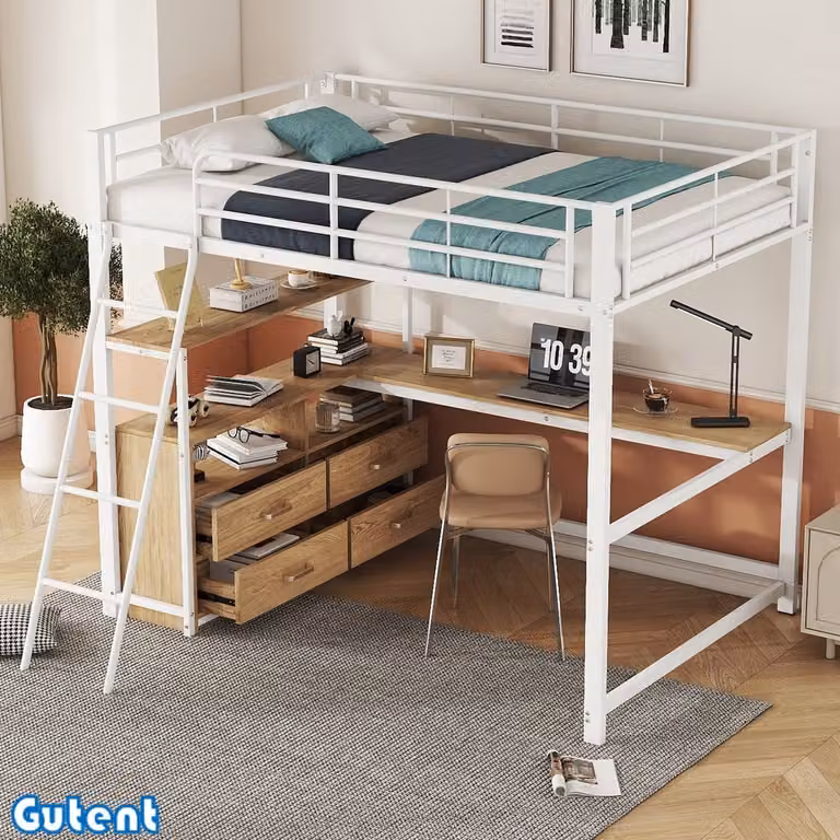 Gutent Kinderstapelbed met ijzeren frame en L-vormig bureau, Wit, B/D/H: 140 x 200 cm