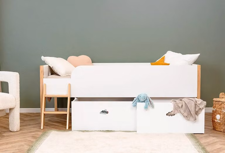 Hypnia Nuage halfhoogslaper voor kinderen met lades en geïntegreerde plank, wit/bruin, 90 x 190 cm