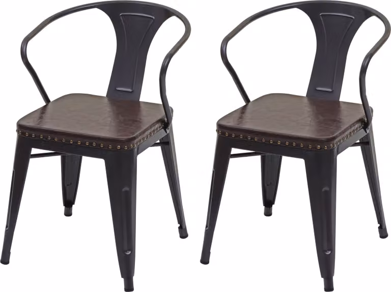 Mendler Set van 2 Chesterfield eetkamerstoelen met armleuningen, zwart-bruin, kunstleer en metaal, industriële stijl