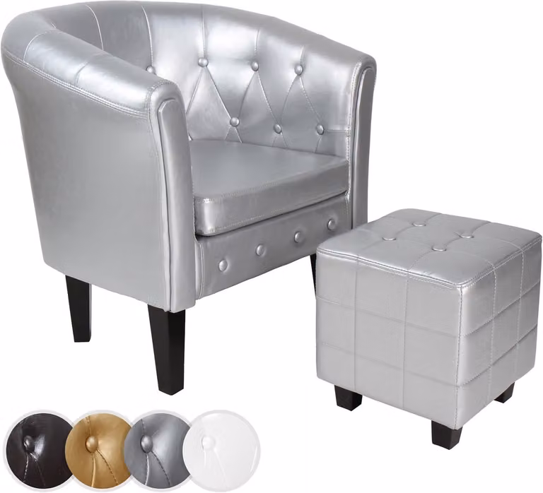 Chesterfield fauteuil met tabouret in zilver voor ontspanning in de woonkamer, slaapkamer of home office