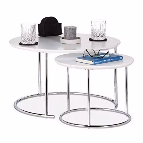 Relaxdays Set van 2 ronde bijzettafels, wit en zilver, B/D/H: 60 x 60 x 35 cm
