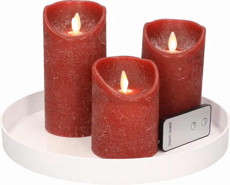 Wit kunststof LED kaarsenplateau met 3 bordeaux rode LED-kaarsen met flame effect en afstandsbediening, Diameter: 27 cm