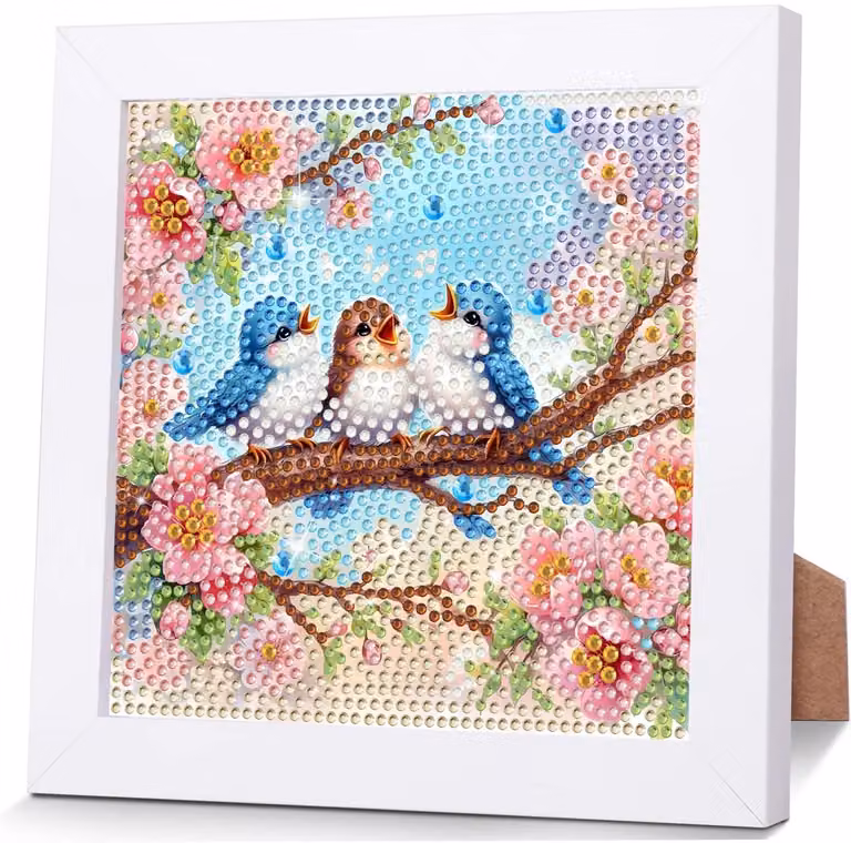 Drie Vogels Diamant Schilderij Set met Lijst voor Kinderen 6-8 Jaar